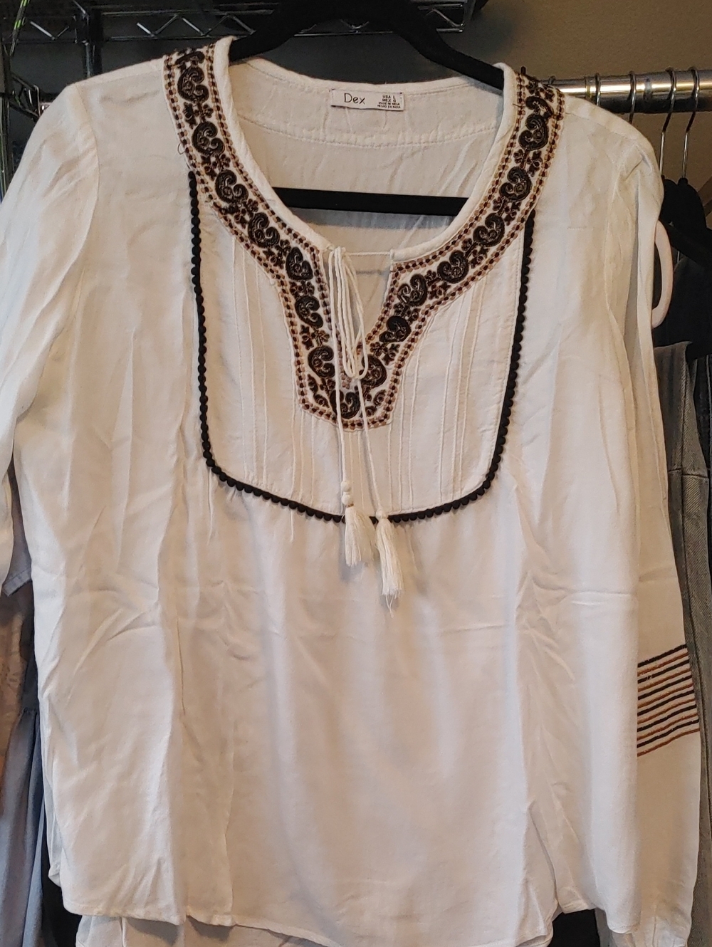 Dex White Peasant Tunic with Brown Embroidery
